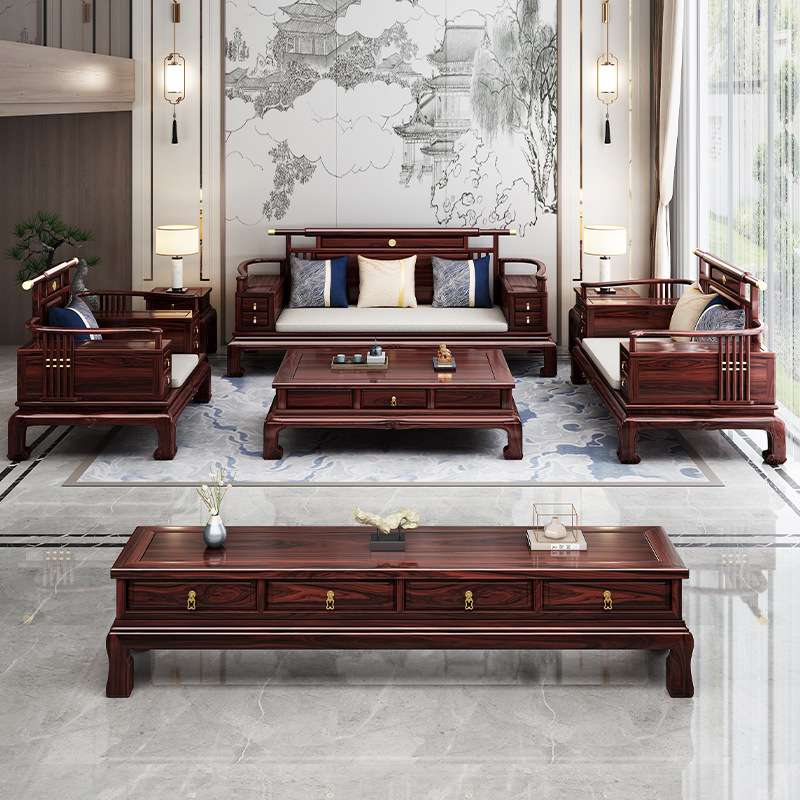 新中式乌金木全实木沙发组合高端别墅冬夏两用客厅带雕花原木家具
