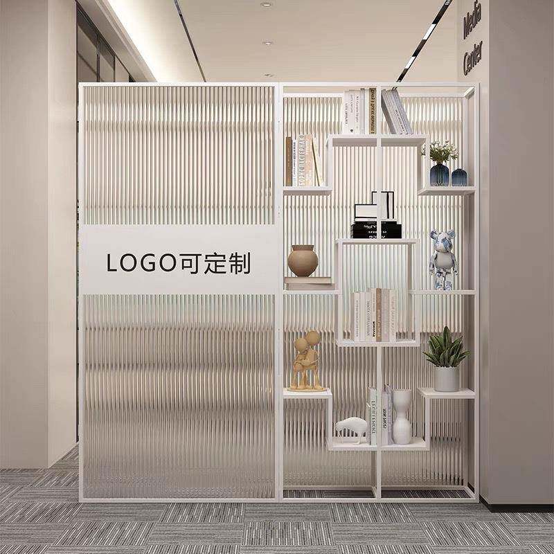 公司前台logo铁艺玻璃隔断展示架办公室隔断屏风展厅形象墙置物架