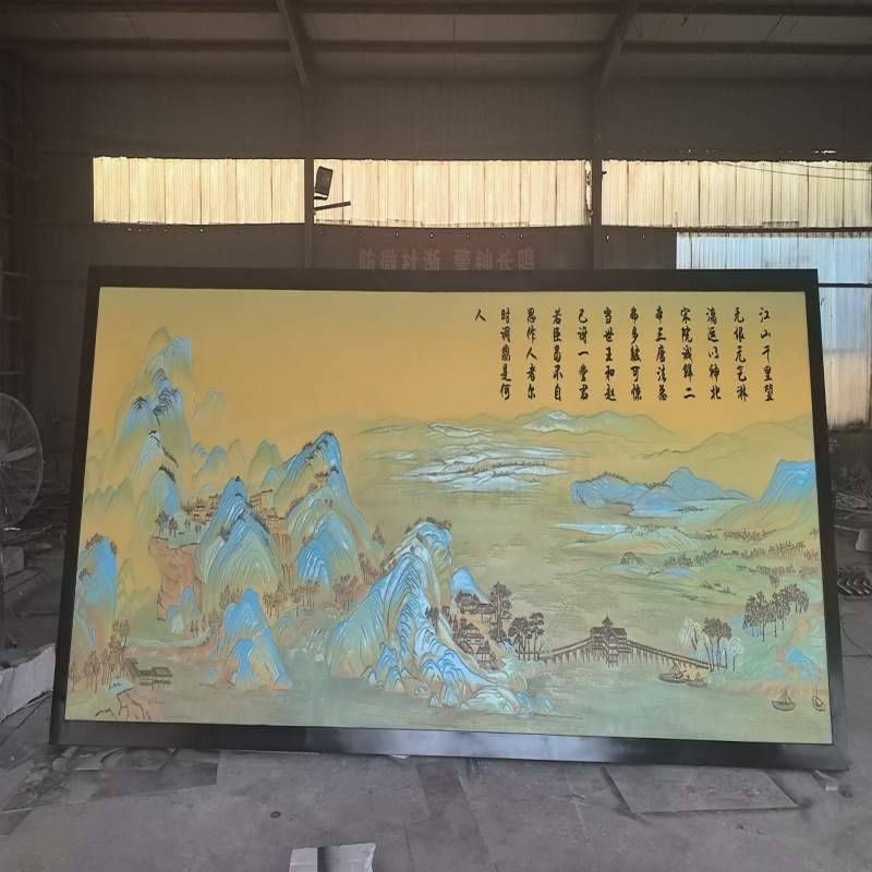 长廊玻璃钢仿铜山水画装饰农家乐浮雕彩绘锻铜浮雕人物风景壁画墙图片