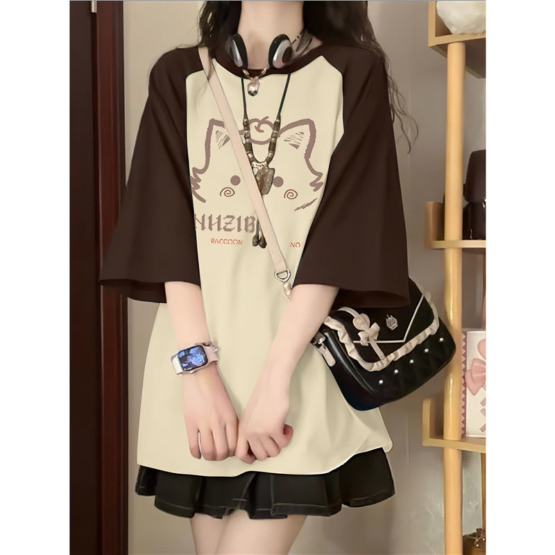 美式复古插肩纯棉短袖t恤女士夏季装2025中学生宽松显瘦半袖上衣