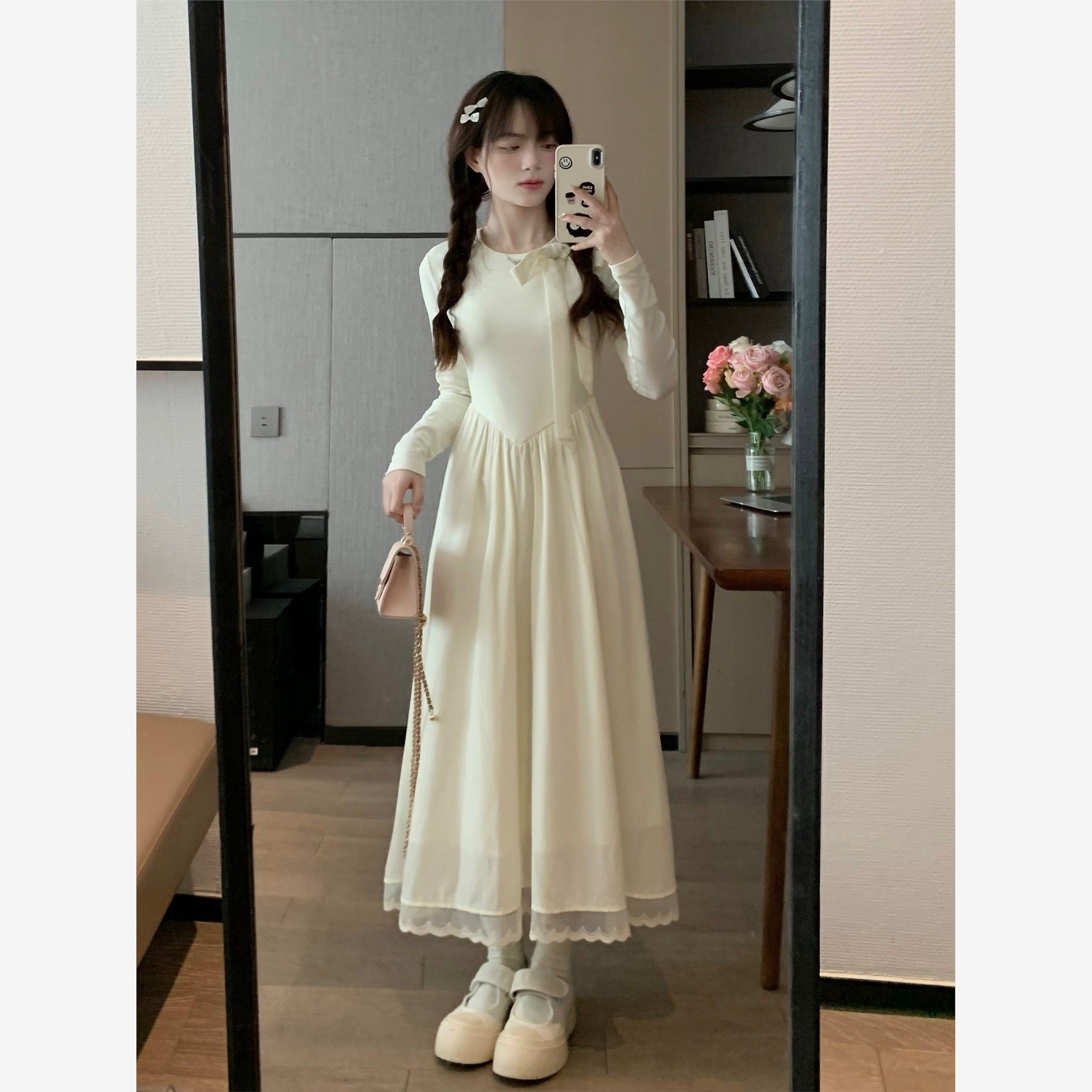 ms甜末末法式收腰梨形身材茶歇约会长裙新中式初恋白色长袖连衣裙