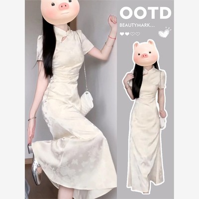 改良旗袍连衣裙子夏季新中式国风女装气质收腰白色长裙2024年新款