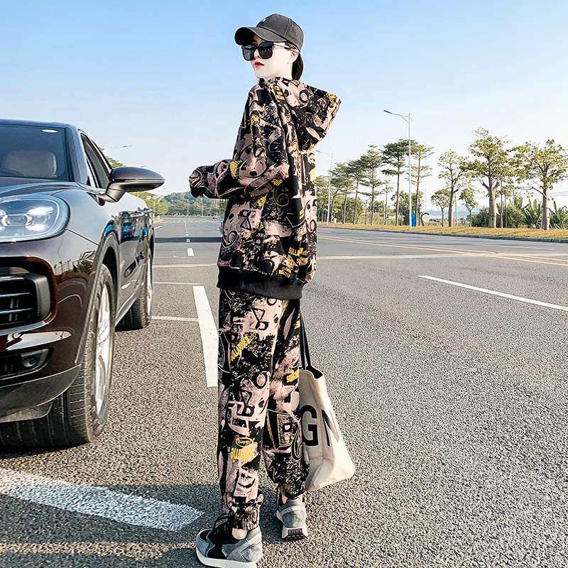 港风时尚休闲套装女复古chic秋季新款气质大码卫衣卫裤两件套
