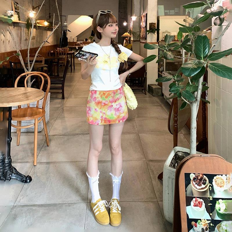 韩版女美式复古低腰辣妹碎花短裙包臀a字裙修身百搭彩色花卉半身