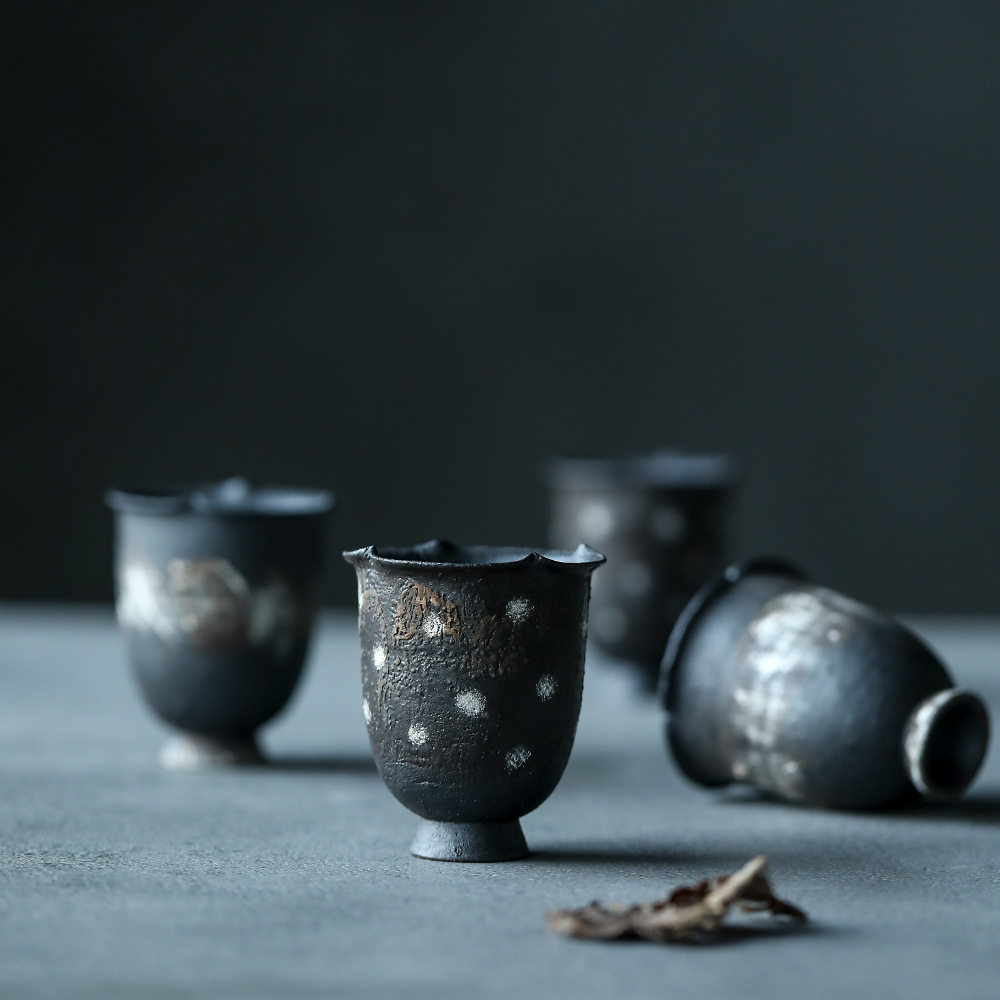 晴先生陶艺家系列刷银系列金彩高足茶杯 闻香杯 手作陶器徐婉手作