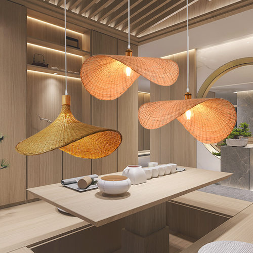 藤编草帽吊灯复古斗笠灯火锅店咖啡厅酒店茶室服装店餐厅竹艺吊灯