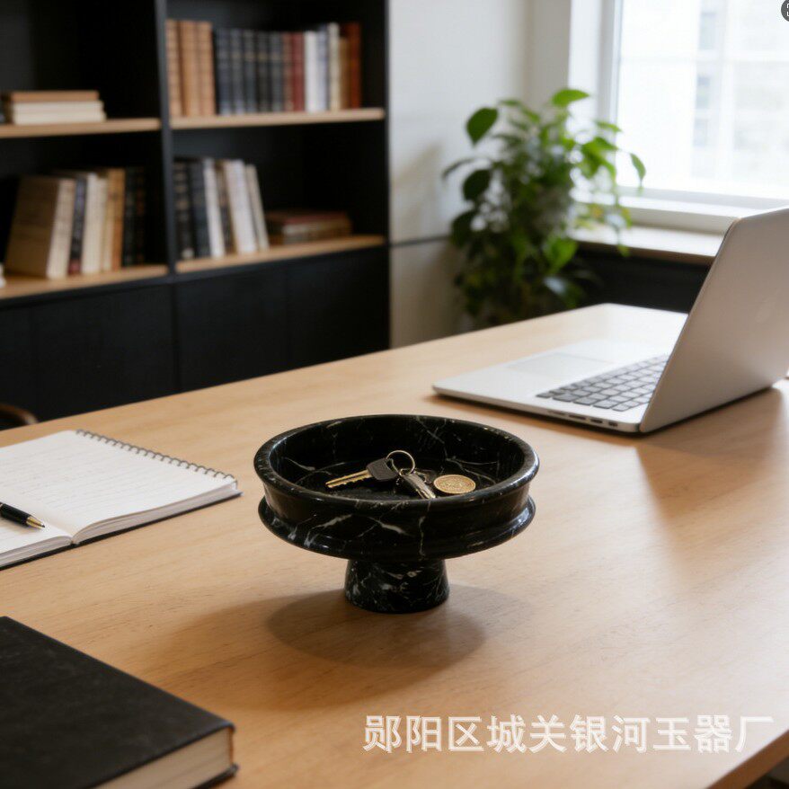 黑色大理石高脚收纳碗 玄关钥匙首饰置物盘 轻奢桌面装饰摆件