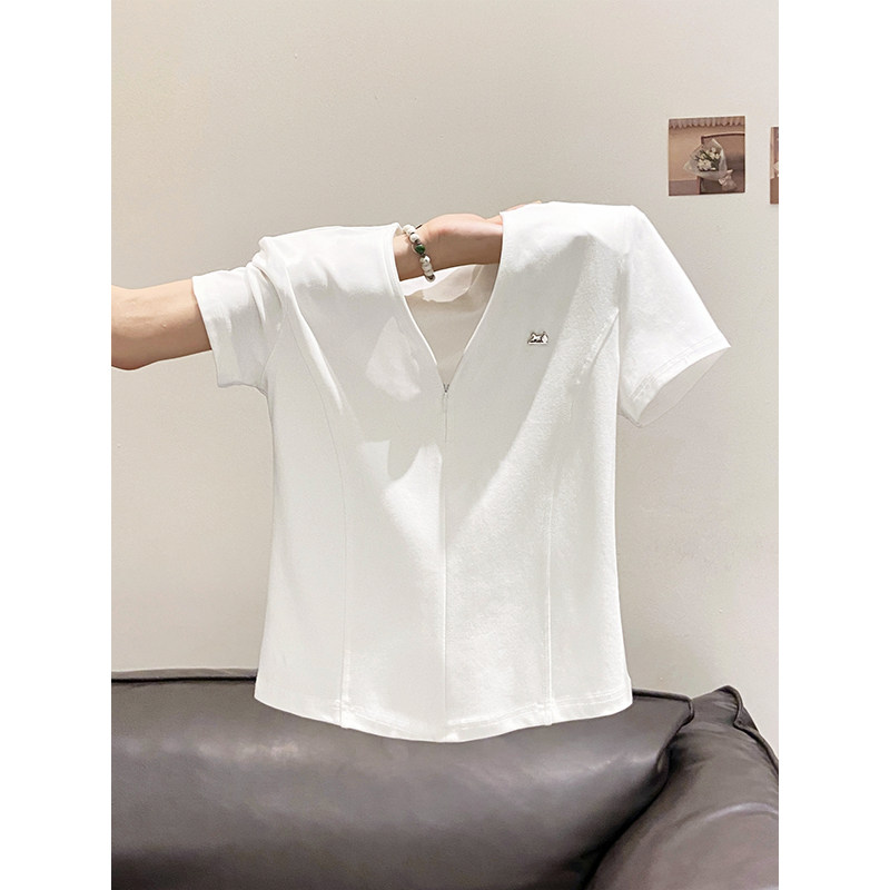 白色v领半拉链短袖t恤衫女夏季新款修身显瘦正肩小标百搭气质上衣