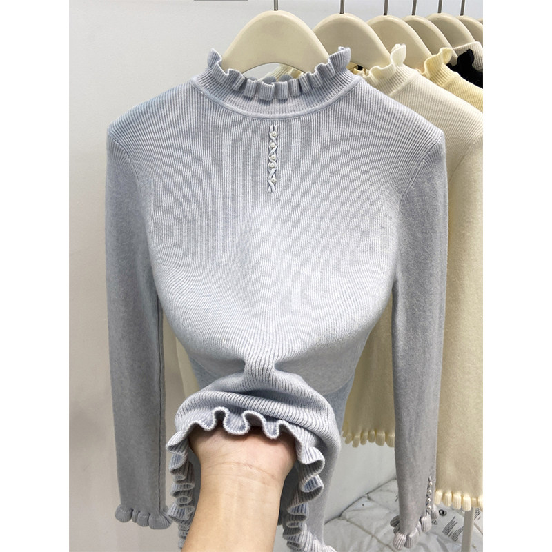 气质温柔半高领木耳边钉珠长袖针织衫女冬季新款修身显瘦打底上衣