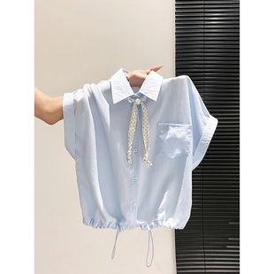 设计感波点丝带短袖翻领衬衫女夏季新款抽绳收腰宽松显瘦短款上衣