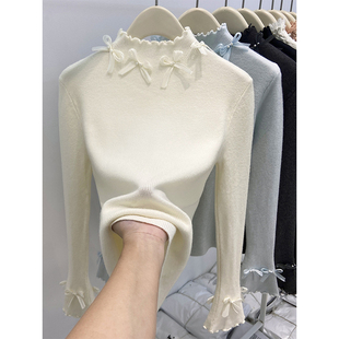 蝴蝶结钉珠半高领木耳边针织毛衣女冬季新款气质减龄修身打底上衣