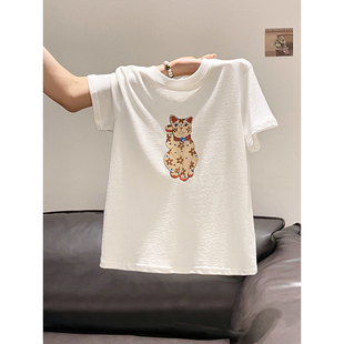 卡通印花猫咪圆领短袖t恤衫女2026夏季新款休闲宽松遮肉显瘦上衣