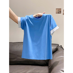 休闲宽松显瘦百搭衫 新款 上衣 圆领t恤女2026夏季 韩系简约撞色短袖