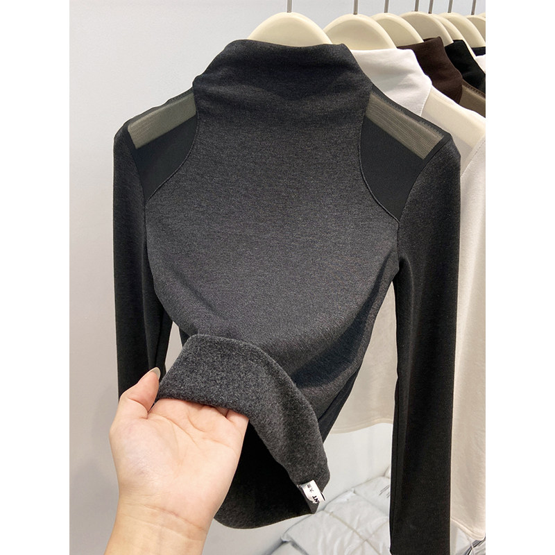半高领拼接网纱长袖t恤女秋冬新款磨毛薄绒修身显瘦内搭打底上衣
