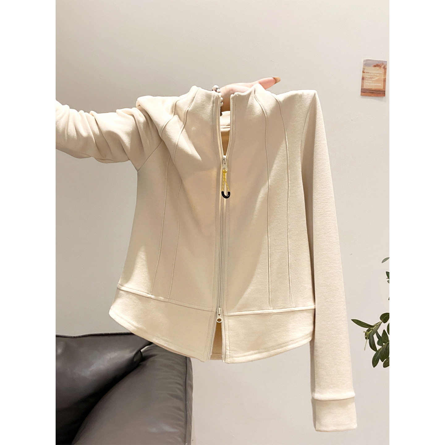小众设计感明线双拉链t恤开衫女秋冬新款立领修身显瘦短外套上衣
