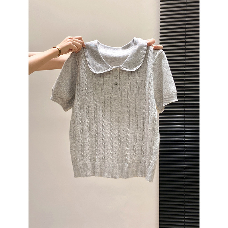 简约休闲娃娃领麻花针织短袖t恤女2026早春新款内搭宽松百搭上衣