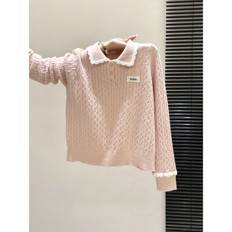 甜美温柔花边POLO领麻花针织衫女2026新款贴标宽松软糯毛衣上衣