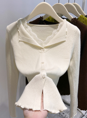 纯欲温柔蕾丝V领木耳边长袖针织衫女秋冬新款修身显瘦打底衫上衣