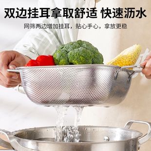 304加厚不锈钢沥水篮家用淘米盆厨房洗菜篮正方双耳密孔篮蔬果蓝