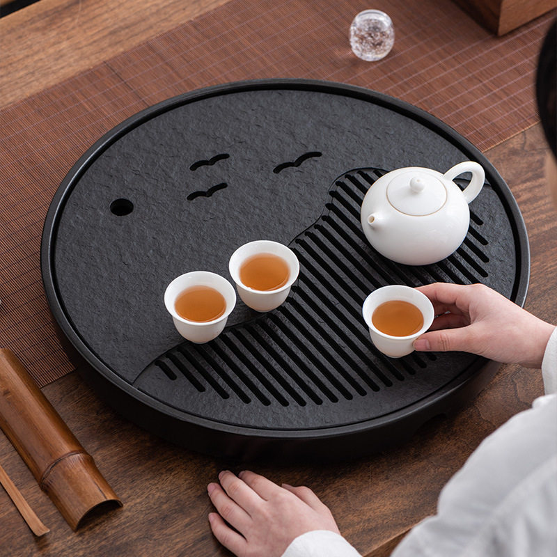 远山圆形陶瓷乌金石茶盘储水式排水小型茶台茶具简约家用办公托盘