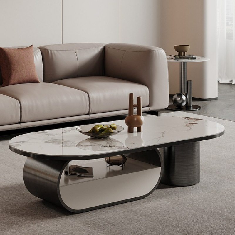 意式轻奢不锈钢岩板茶几电视柜家用现代简约椭圆形客厅茶几小户型
