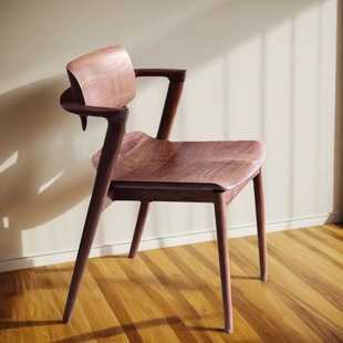 北美黑胡桃木榫卯餐椅家用川上椅子短扶手休闲椅实木原木书房椅子