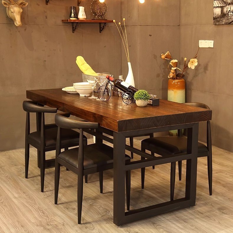复古餐饮店桌椅组合快餐店食堂饭店商用铁艺实木长方形餐桌子批发