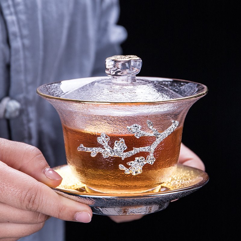 加厚耐纯锡描金梅花琉璃三才盖碗茶杯子透明玻璃加厚耐热沏茶盖碗