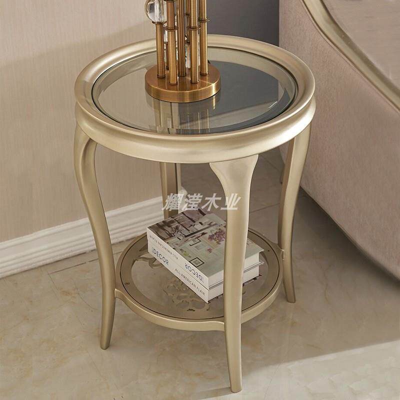 北美轻奢边几高级感榉木沙发角几香槟金实木玻璃圆几创意可移动