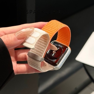 【拼色魔术贴】适用于苹果手表s11撞色尼龙回环式表带iwatch10/9/8/SE透气applewatch男女款运动休闲手表带