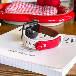 【牛皮质】适用于iwatchs11手表皮革双钉扣11表带apple9新款SE透气秋冬创意女生ultra个性简约立体红苹果纽扣