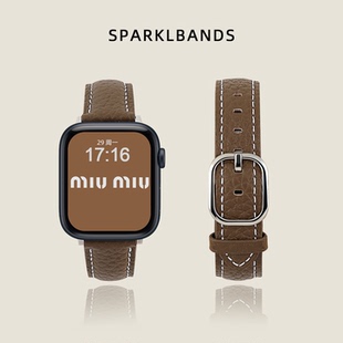 【荔枝纹牛皮】适用于applewatchs11苹果皮质拼色表带iwatchs10方圆扣女生新款8手表SE3简约Ultra2高级7时尚9