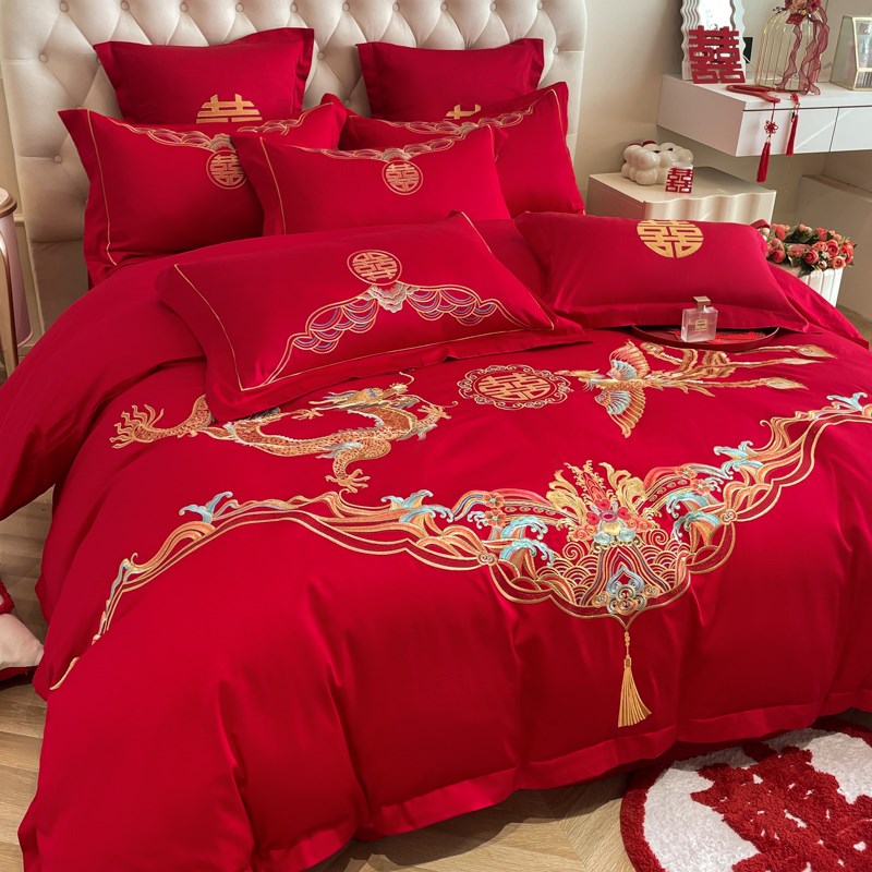 高档中式结婚床上用品四件套红色A龙凤刺绣被套罩纯棉婚庆喜被备