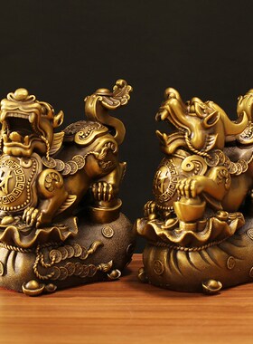 纯铜貔貅摆件一对黄铜皮丘客厅家居乔迁开业办公室V店铺桌面装饰