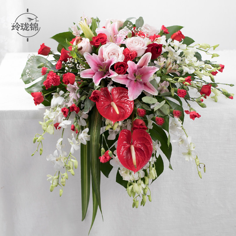 鲜花速递a讲台花同城配送仿真花下垂演讲台会议桌花主席台挂式成