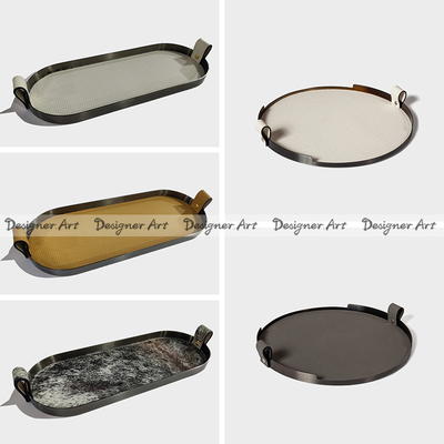 几何编织皮革托盘m金属软装样板间售楼处卧室客厅衣帽间收纳摆件