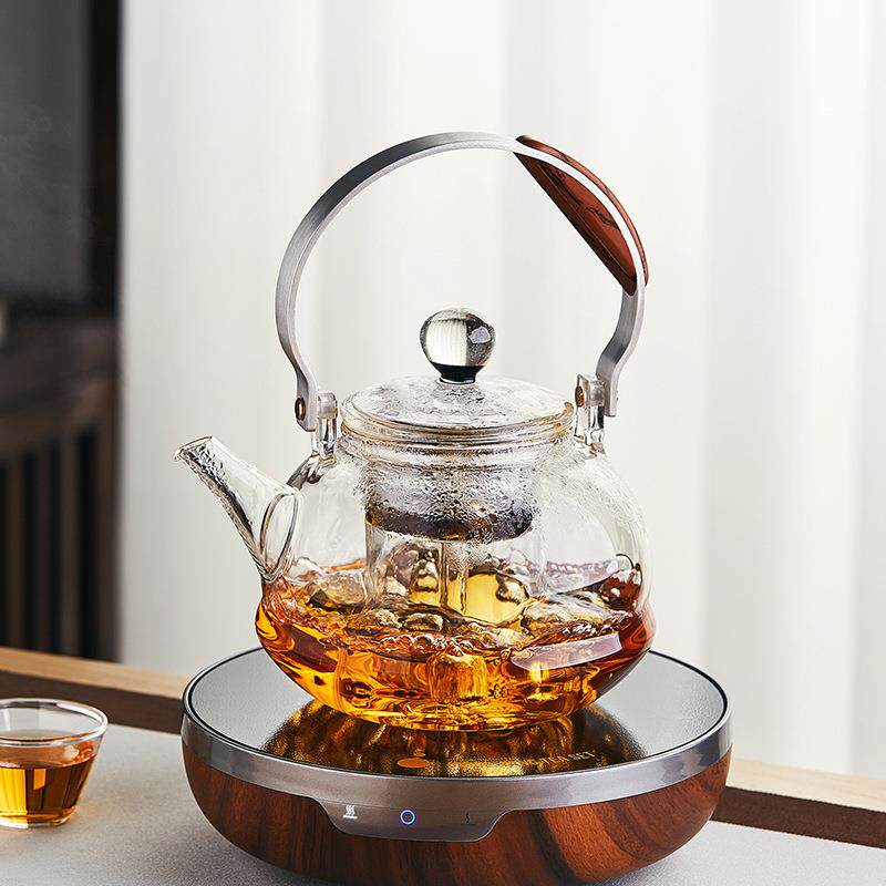 厂家高硼硅玻璃泡茶壶耐热透明黑色蒸煮一体内胆提梁壶明火烧水壶