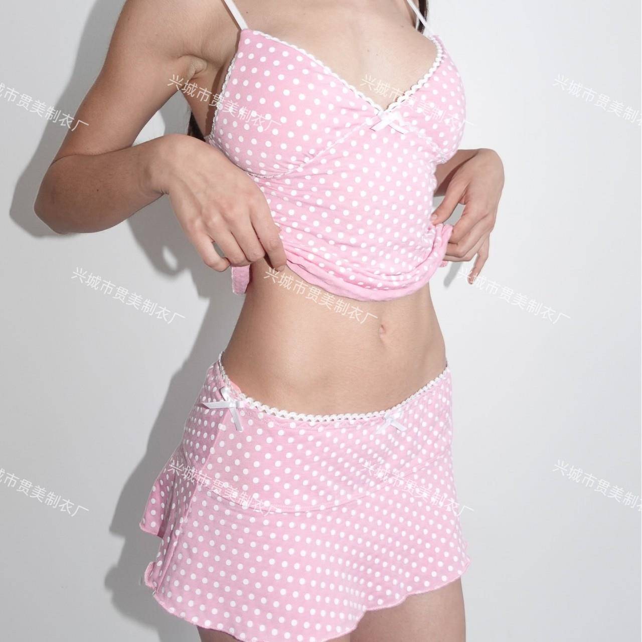 新款粉色波点纯欲风蝴蝶结少女度假温泉分体裙式三件套泳装bikini