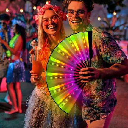 蹦迪LED发光扇子可折叠彩色party10寸多功能七彩流水炫目酒吧道具