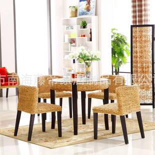 实木餐椅家用客厅餐厅阳台靠背椅子绳编咖啡民宿复古中古藤编椅子