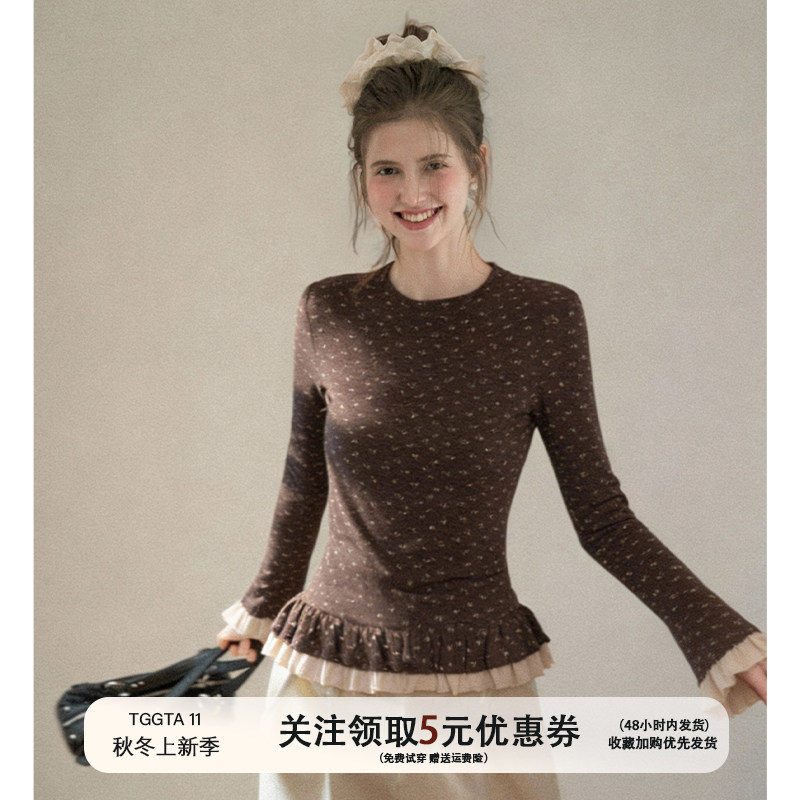 TGGTA11咖色花边碎花磨毛长袖t恤女秋冬正肩内搭打底衫喇叭袖上衣,女装/女士精品,T恤,淘宝优惠券,粉丝福利购,淘宝优惠卷
