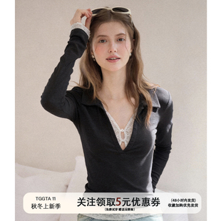 TGGTA深灰色假两件蕾丝长袖t恤女秋冬修身内搭打底衫v领短款上衣