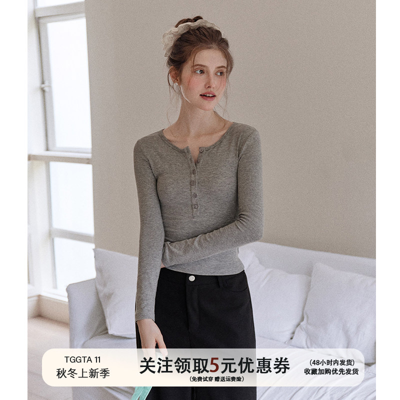 TGGTA11灰色亨利领正肩针织上衣女秋季小个子长袖t恤内搭打底衫秋,女装/女士精品,T恤,淘宝优惠券,粉丝福利购,淘宝优惠卷