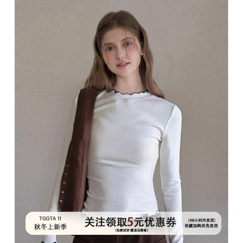 TGGTA白色立领木耳边长袖针织t恤女秋冬修身花边内搭打底衫上衣冬,女装/女士精品,毛针织衫,淘宝优惠券,粉丝福利购,淘宝优惠卷