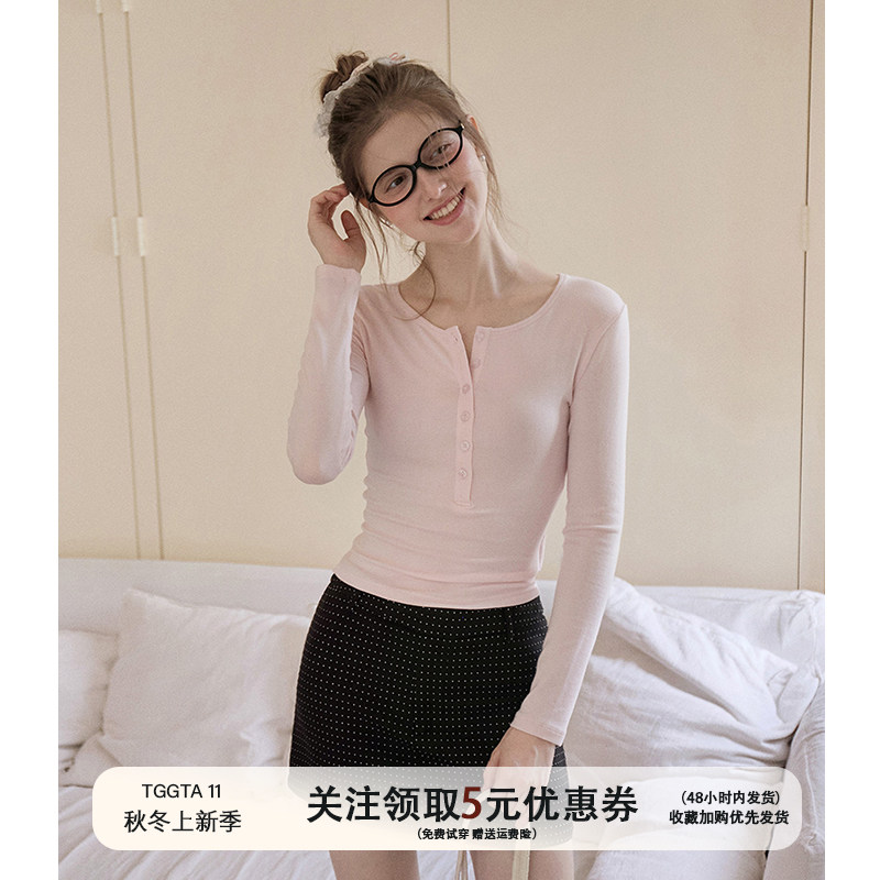 TGGTA11粉色亨利领长袖t恤女早秋秋冬加绒内搭打底衫修身针织上衣,女装/女士精品,T恤,淘宝优惠券,粉丝福利购,淘宝优惠卷