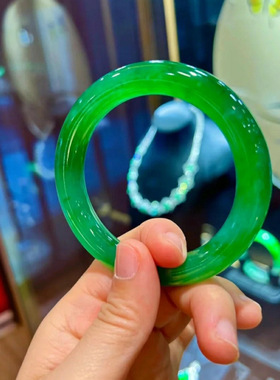 缅甸冰种翡翠玉手镯满绿帝王绿天然玉石圆条玉镯子女款老坑送