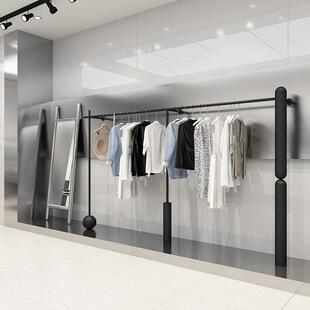服装店展示架黑色加粗立柱落地式中岛挂衣架男女装店上墙陈列货架