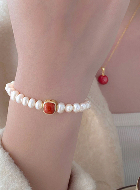 S925纯银新中式肥方南红珍珠手链女本命年转运手串轻奢高级感