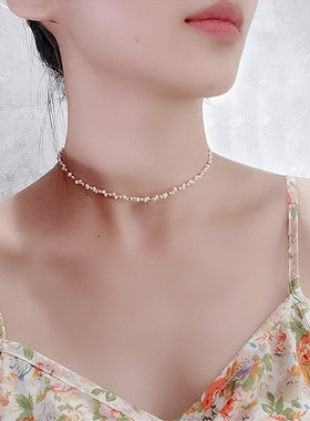 天然淡水珍珠项链3-4mm珍珠手工编织金珠短项链女气质百搭锁骨链