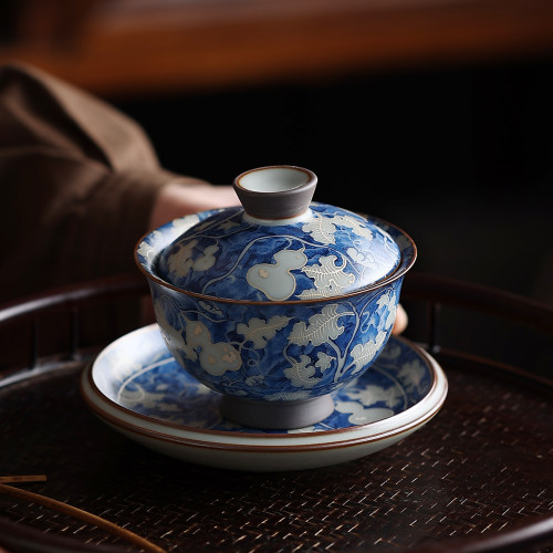 三才盖碗汝窑元青花元宝仿宋家用悬停泡茶碗陶瓷泡茶器功夫茶具